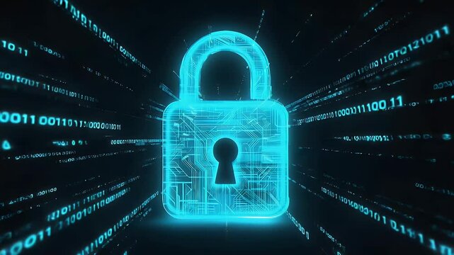 Digital padlock symbolizing cybersecurity, with binary code streaming in the background, representing data protection