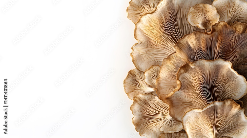 Poster close-up of oyster mushrooms arranged against a white background. their delicate texture and earthy 