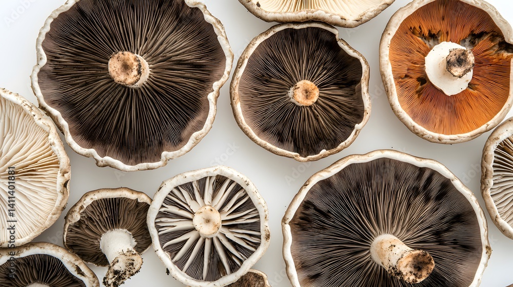 Poster a collection of various mushrooms, showcasing their unique textures and colors. close-up shot of dif