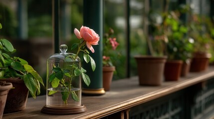 Peaceful pink rose blooming under glass cloche in greenhouse