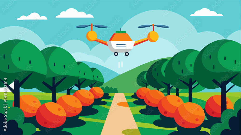 Poster in a modern nursery a sophisticated drone hovers above rows of fruit trees using advanced imaging te