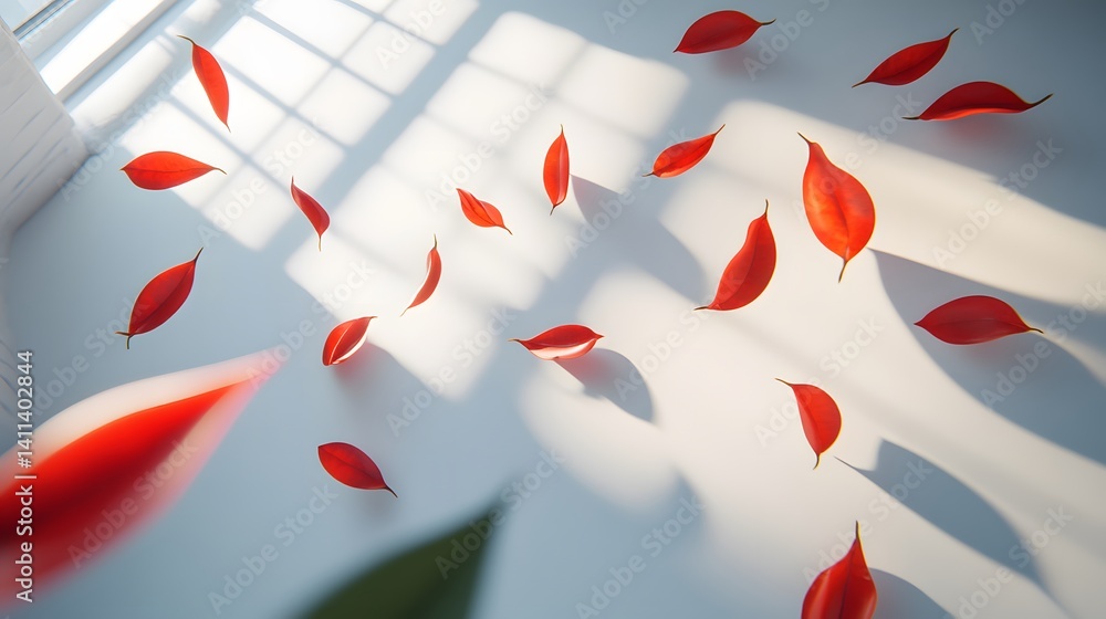 Poster red leaves scattered on a white surface, illuminated by sunlight streaming through a window. minimal