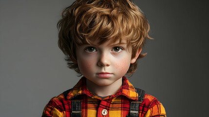 Serious young boy with freckles and red hair wearing a plaid shi