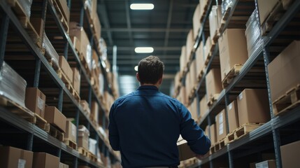 Warehouse worker organizing shelves in a logistics center. Featuring organization and efficiency