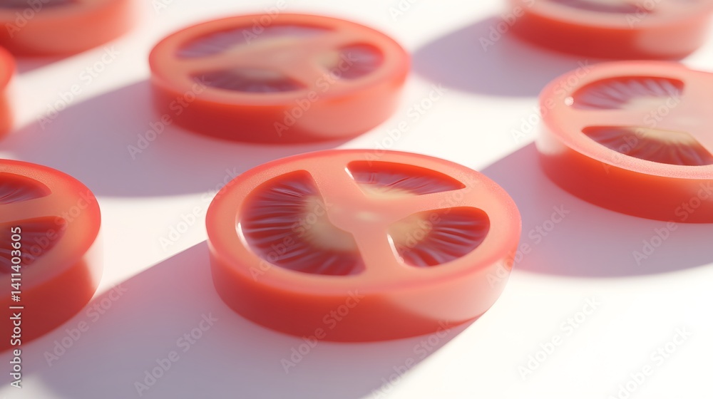 Poster close-up of several vibrant red tomato slices arranged on a bright white surface. the juicy texture 