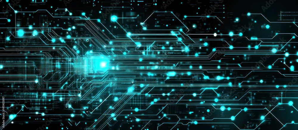 Poster abstract technological backdrop showcasing a complex network of glowing turquoise lines and dots aga
