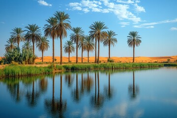 Obraz premium Tranquil oasis with palm trees reflecting in still water