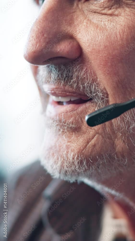 Poster closeup, call center and headset with man, mic and smile for advice with consulting at office. perso