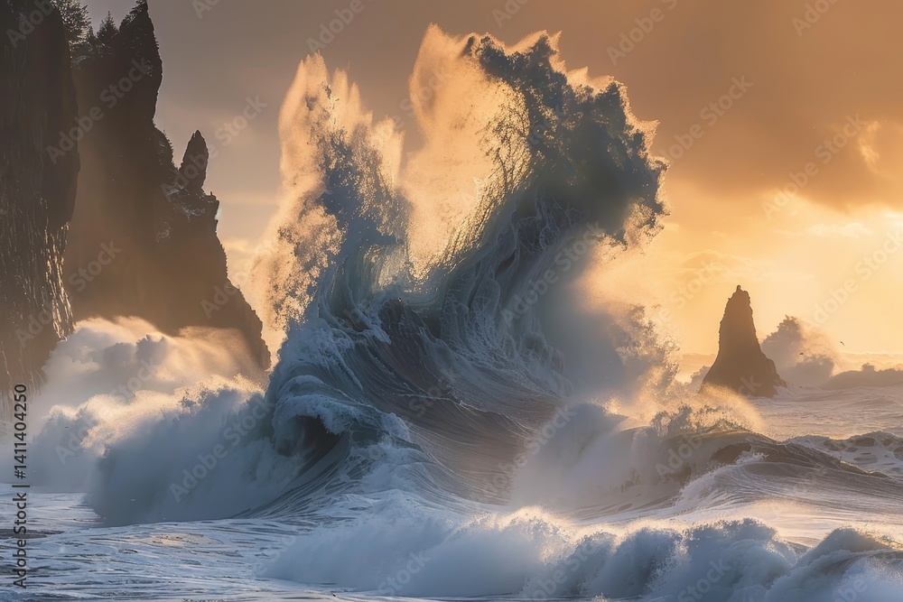 Poster a massive wave crashes against a rugged cliff face at sunset, creating a stunning spectacle of natur