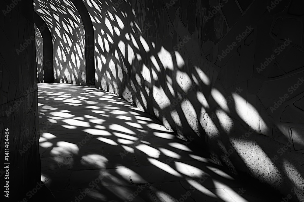 Poster a b&w photo of sunlight through lattice, creating patterns of light and shadow on a concrete corrido