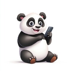 Naklejka premium cute cartoon panda using a mobile isolated on white background 
