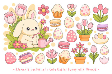 Cute Easter bunny with flowers, decorated eggs, cupcakes, and macarons in pastel colors. Perfect for spring, Easter, and seasonal celebrations.