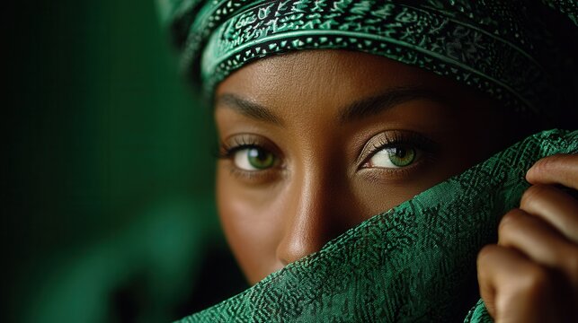 Mysterious young woman with striking green eyes in emerald headscarf