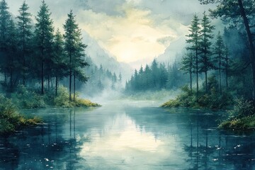 Fototapeta premium Misty mountain lake sunrise