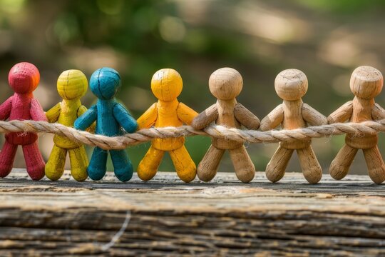 A group of colorful wooden figures are pulling on a rope, demonstrating teamwork and shared responsibility, Shared responsibility and accountability among teammates