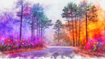 Naklejka premium Colorful Autumn Road Through Misty Forest
