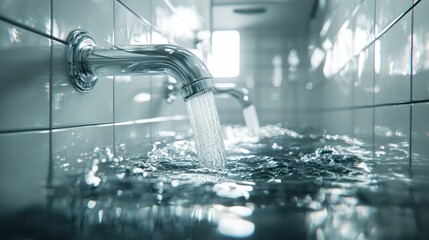 Close-up of clear PVC pipes with water flowing through, set against clean tiles in a modern bathroom&mdash;serene, efficient, and highly realistic 3D render.

