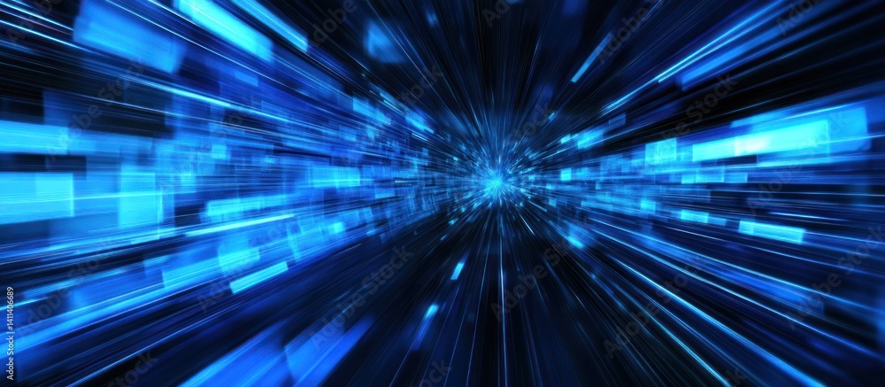 Poster illuminating digital data streams: a mesmerizing journey through virtual light structures and blue e