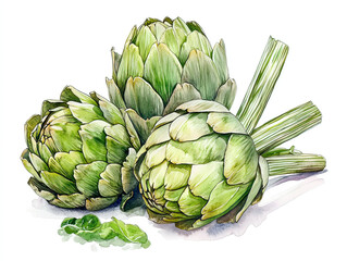 Obraz premium Fresh Artichokes in Detailed Watercolor Illustration Style