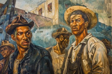 Naklejka premium A mural depicting three men, likely workers, in a stylized, almost cartoonish style, Design a piece that honors the history and significance of Labor Day
