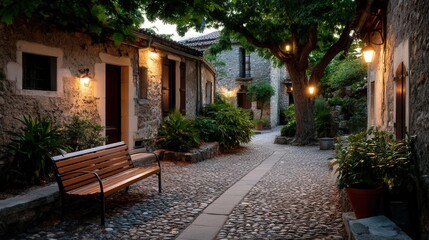Naklejka premium Peaceful evening in charming Mediterranean village alleyway