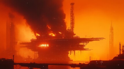 Burning Oil Rig at Sea at Night