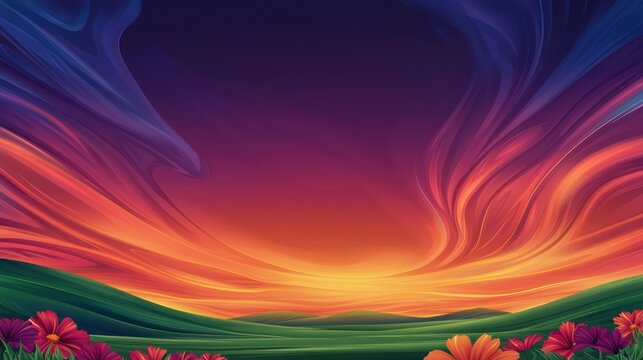 Colorful sunset over rolling hills with flowers
