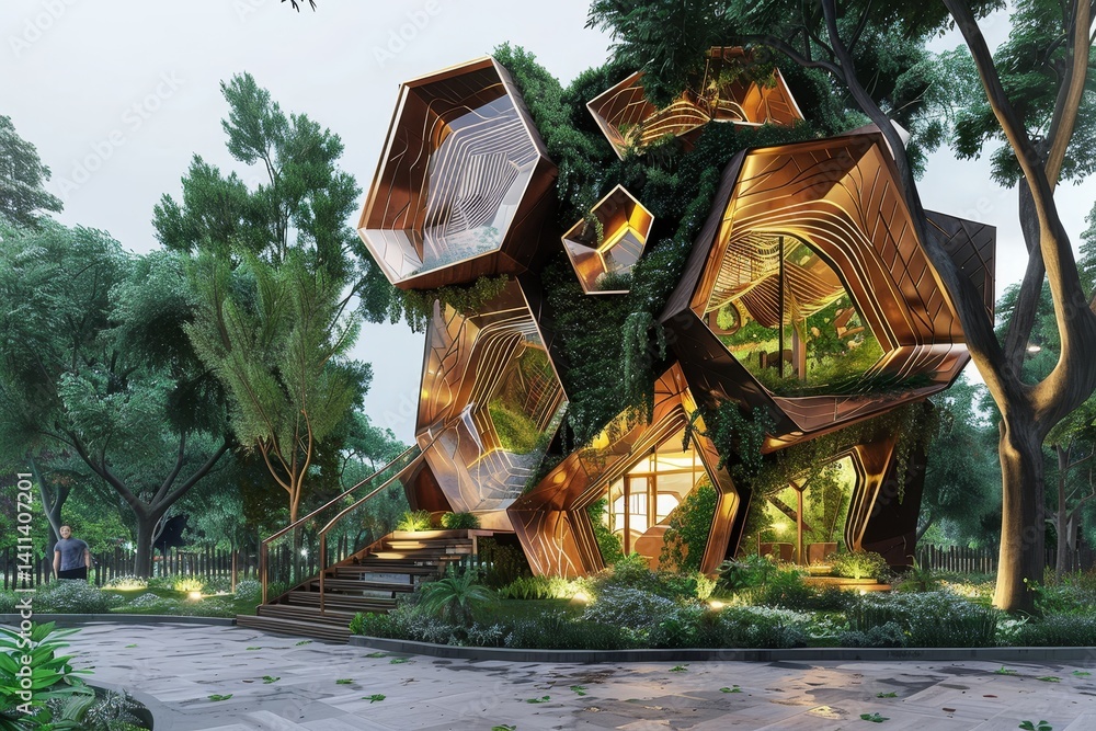 Poster a futuristic modular structure with geometric shapes blends seamlessly into a lush forest landscape,