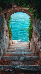 Fototapeta premium Serene stone staircase leading to tranquil turquoise waters, framed by lush greenery