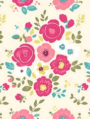 Seamless floral pattern with pink, white, and teal flowers on a cream background.