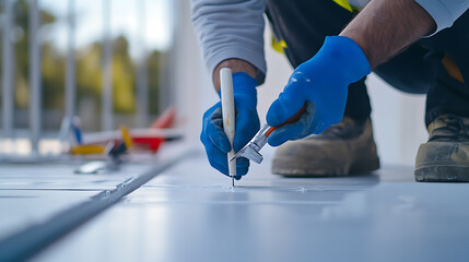 A construction worker sealing joints with caulk at a building site. Featuring attention to detail and care