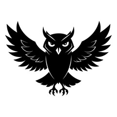 Black Silhouette of an owl in mid-flight with outstretched wings isolated on transparent background