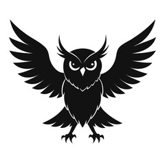 Black Silhouette of an owl in mid-flight with outstretched wings isolated on transparent background
