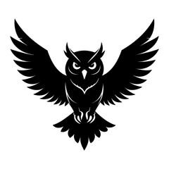 Black Silhouette of an owl in mid-flight with outstretched wings isolated on transparent background