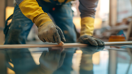 A construction worker sealing windows at a building site. Featuring attention to detail and sealing work