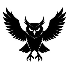 Obraz premium Black Silhouette of an owl in mid-flight with outstretched wings isolated on transparent background