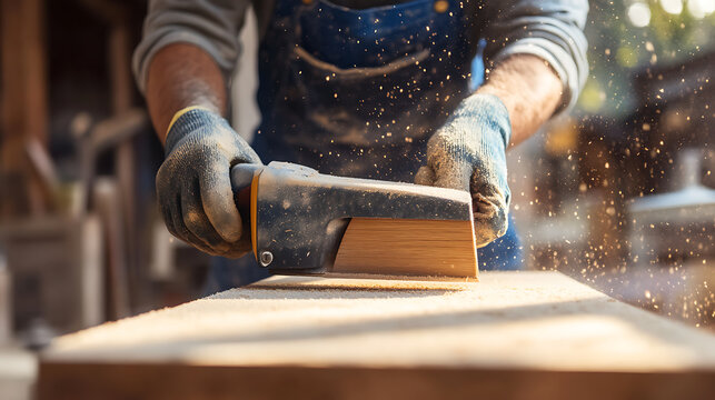 A carpenter sanding wood for a smooth finish. Featuring craftsmanship and attention to detail - Powered by Adobe