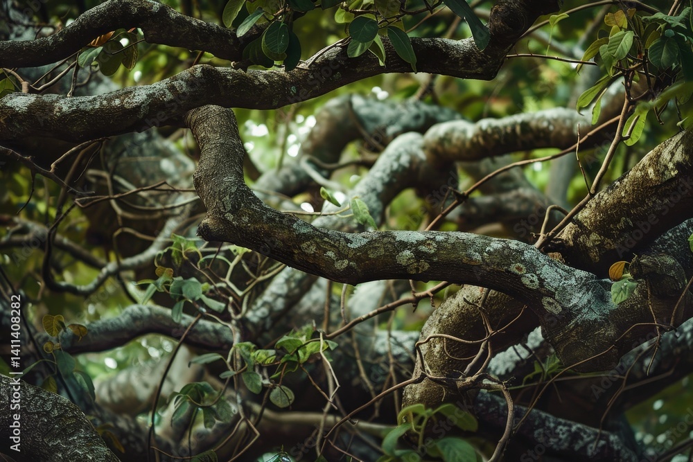 Poster a close-up shot of intertwined tree branches with clusters of leaves, creating a dense and intricate