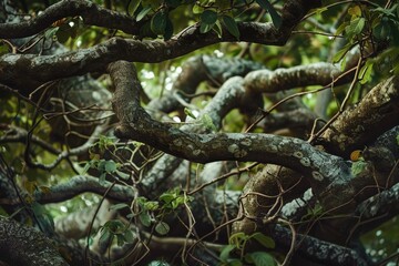 A close-up shot of intertwined tree branches with clusters of leaves, creating a dense and intricate pattern, Intertwining branches with clusters of leaves