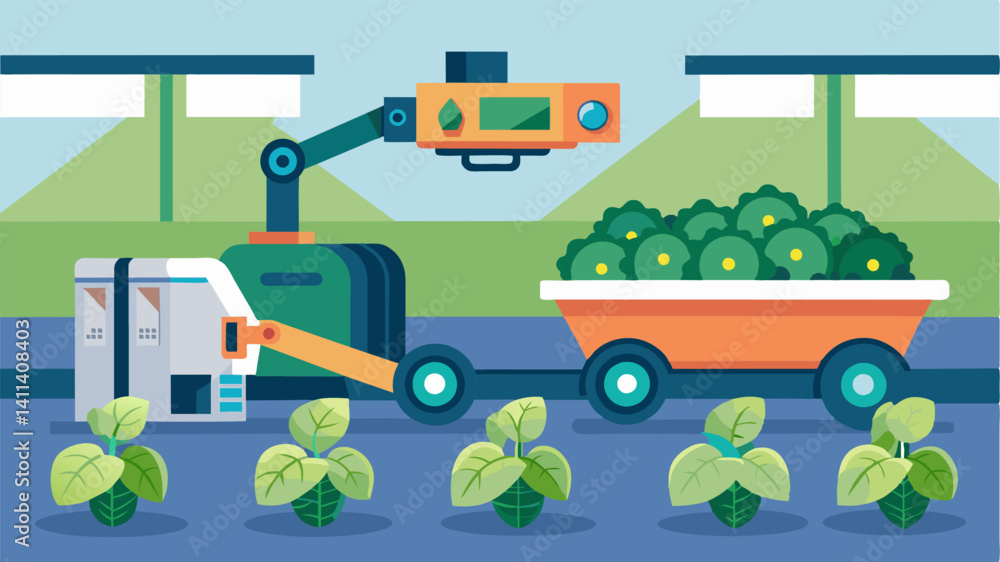 Poster in a modular farming facility robotic harvesters are programmed to recognize and pick only the most 