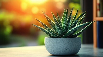 A vibrant aloe vera plant in a textured pot, basking in warm sunlight by a window