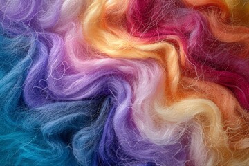 A close-up shot of a vibrant, swirling texture of felted wool in a gradient of rainbow colors, Fuzzy felted wool texture
