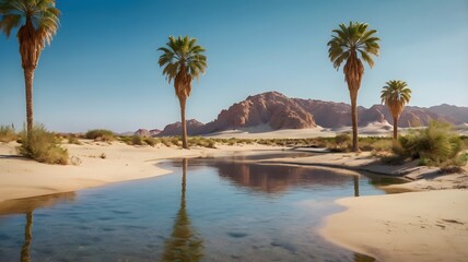 Fototapeta premium A desert oasis with palm trees and crystal-clear water surrounded by sandy dunes