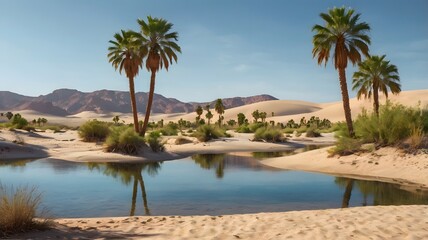 A desert oasis with palm trees and crystal-clear water surrounded by sandy dunes