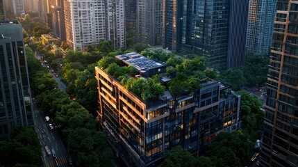 Naklejka premium Urban skyscraper with green rooftop garden, aerial view at sunrise