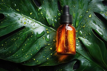 Amber dropper bottle on lush green leaf with water droplets, showcasing nature's beauty