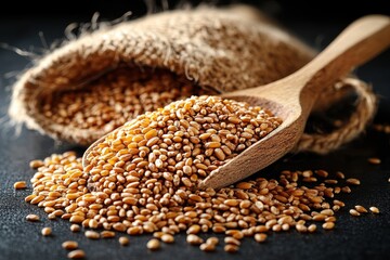 Close-up of a wooden scoop filled with grains spilling from a burlap sack on a dark surface