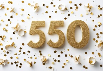 Gold Glitter Number 550 on White Background with Confetti