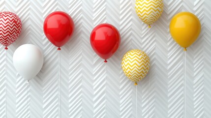 Colorful balloons in various patterns hanging against a textured white wall background