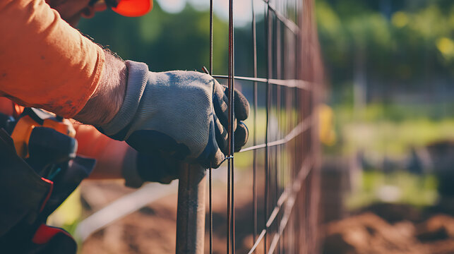 A construction worker securing a fence at a job site. Featuring focus and precision